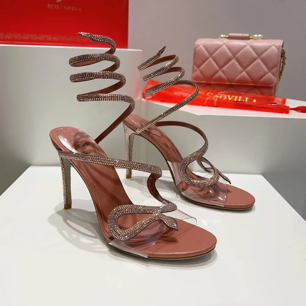 Rene Caovilla Sandals Designerハイヒールクリスタル装飾的なヘビ包んで足首ストラップスティレットヒール女性サイズのための透明なPVC本革のソール35-43