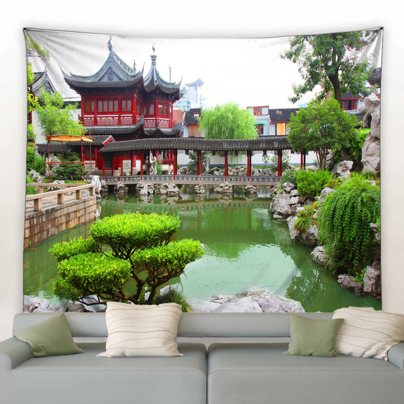 Wandteppiche Park Naturlandschaft Wandteppich Flusspavillon Grüne Pflanzen Blumen Landschaftsdekoration im chinesischen Stil Wandteppich für Zuhause