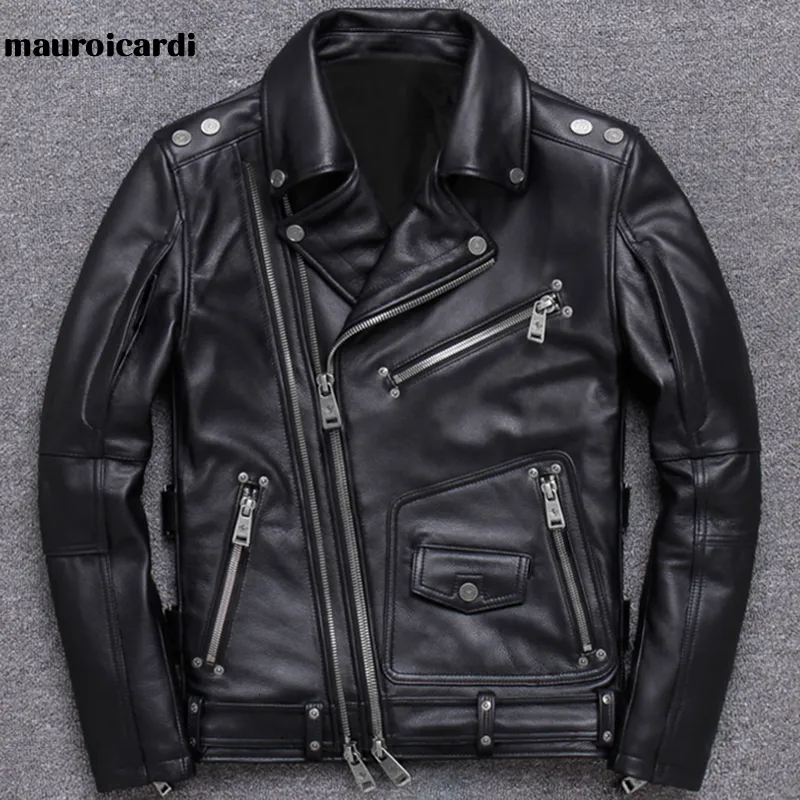 جاكيتات الرجال Mauroicardi Spring Black Pu Leather Motorcycle Jacket for Men Style Long Sleeve Sheipper Gobicets Mens and Coats 230812