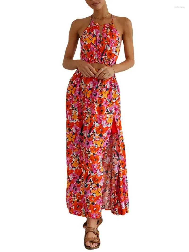 Casual Dresses Women Halter Neck Long Dress Floral Flowy Cutout Tie Up Backless One Side Split Summer Beach