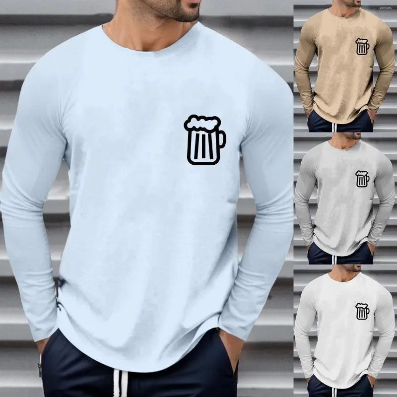 Camisetas masculinas Men nadam superior de manga cheia de primavera e copo de cerveja de outono gráfico de pulôver redondo no pescoço