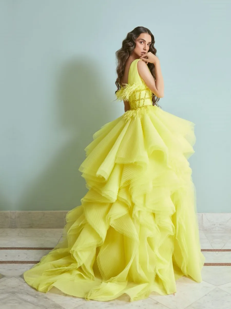 A Line V Neck Open Back Yellow Lace Tulle Long Prom Dresses with Appli —  Bridelily