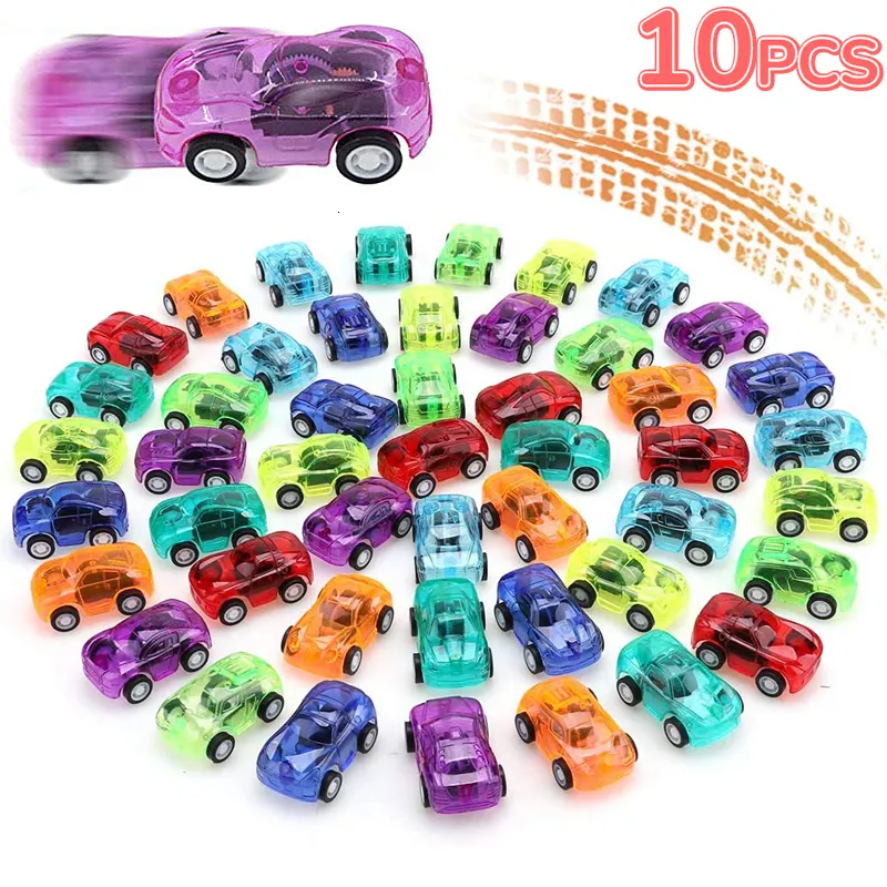 Diecast Modello 10/1PCS Pull Back Racer Mini auto giocattoli per bambini Feci di compleanno per bambini Forniture per veicoli per auto per veicoli in plastica Set di auto da corsa veloce 230811