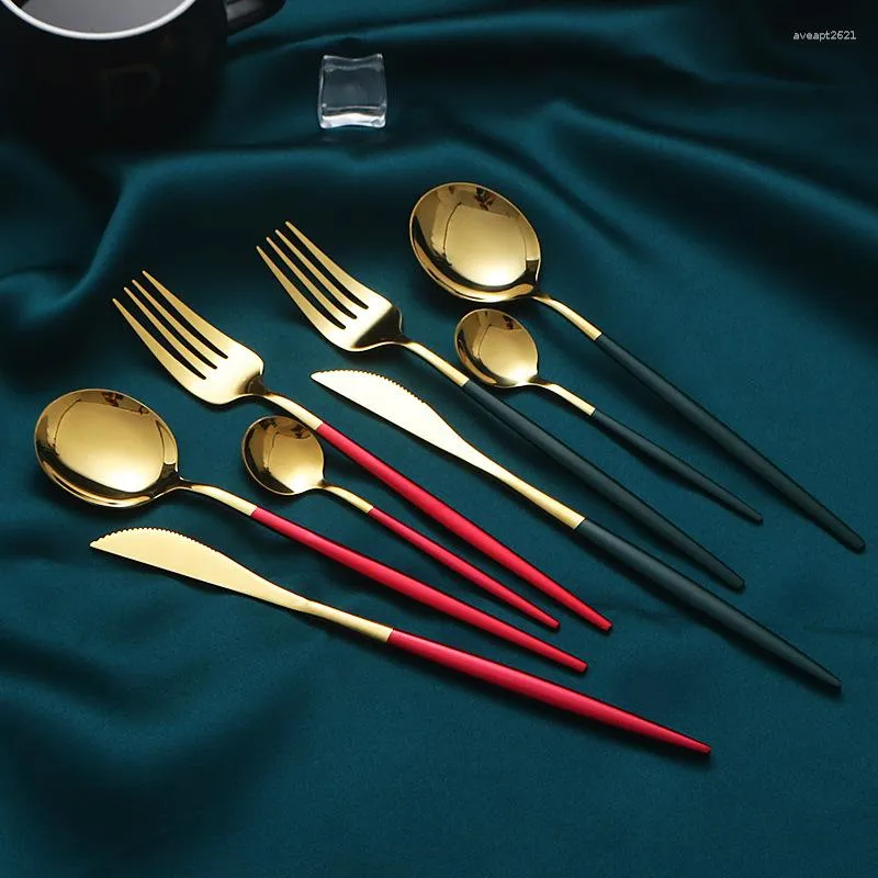 Dijksets Sets 4 pc's Zwart goud bestek Set 18/10 roestvrijstalen Portugal Zilverwerk Flatware Mes Fork Lepel Druppel