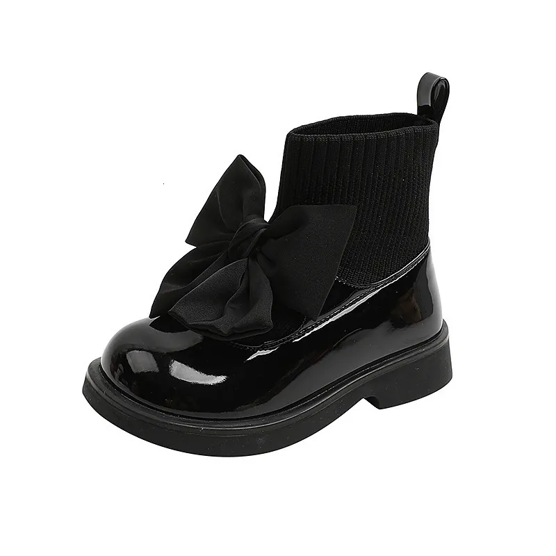 Stövlar barnmode pu solid Black Bow Girls Uniform Spring and Autumn Kids Flying Knit School Socks Shoes 230811