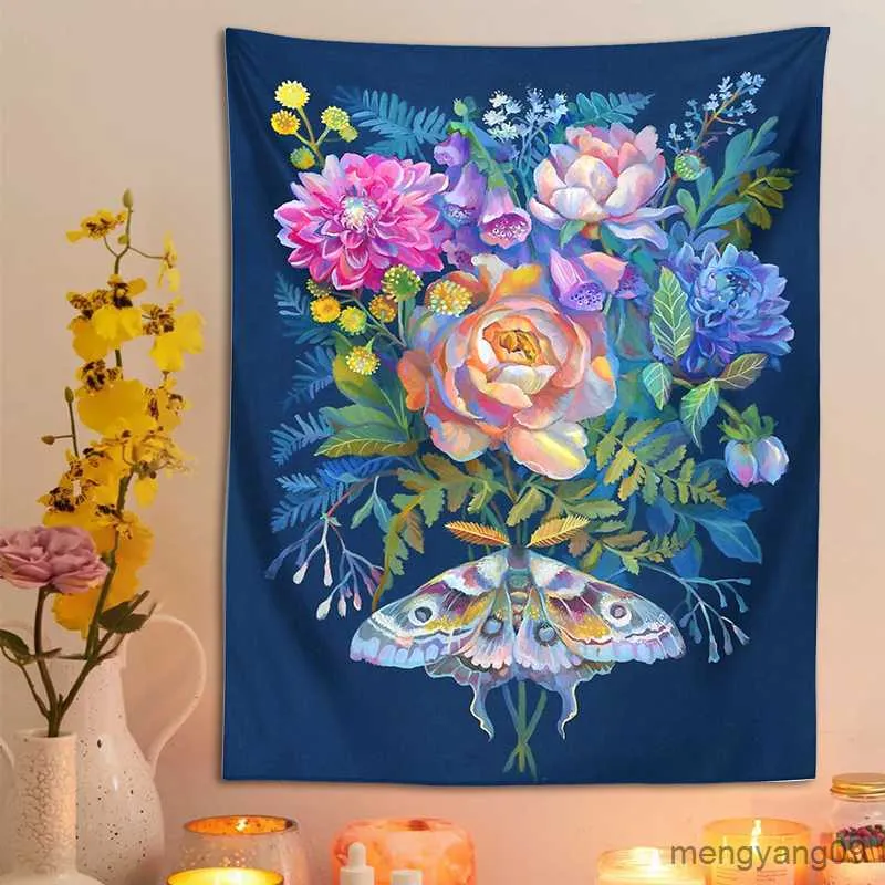 Tapices Flores de polilla Bouquet Tapestería Planta colgante de la pared del hogar Decoración del dormitorio del dormitorio del dormitorio del jardín de la luna R230812