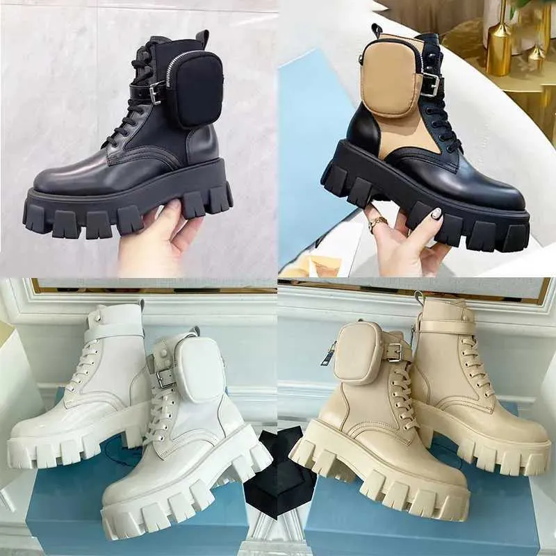 Designer Platform Women Boots Luxury Boot Ladies Rois Fashion Girls Läder Nylon Strap Material Löstagbar liten plånbok Lady Outdoor Casual Shoes With Box No43
