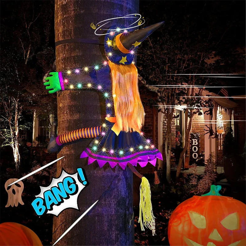Andra evenemangsfestleveranser 2 lägen Halloween kraschar häxa i träddekoration Halloween Ljus upp hängande dekorationer med glödande lysande varningstecken 230812