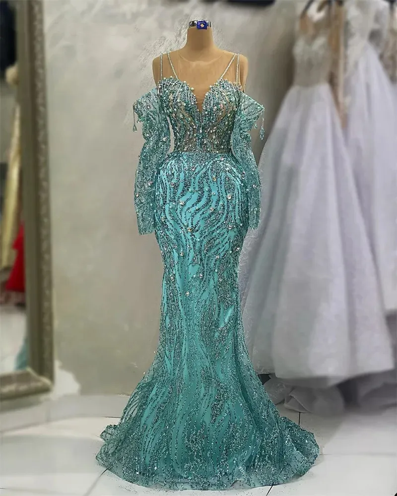 Luxury Blue Mermaid Diamante Evening Dress With Beaded Crystal Diamonds
