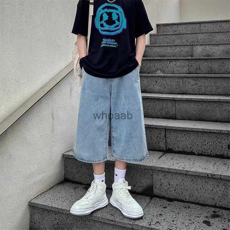 Weitbein-Jeans Männer Sommer Harajuku Mode Kalb-Länge ausgestattete Hose losen lässiger gelegentlich gewaschene Jeans japanische Streetwear HKD230812