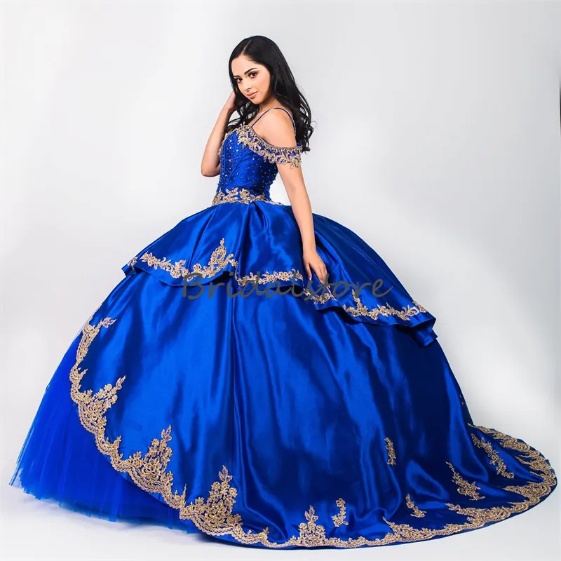 Beautiful Royal Blue Quinceanera Dresses 2023 Spaghetti Straps Puffy Vestidos De 15 Quinceanera Xv Mexican Gold Lace Birthday Mexican Debutante Vestidos 15 anos