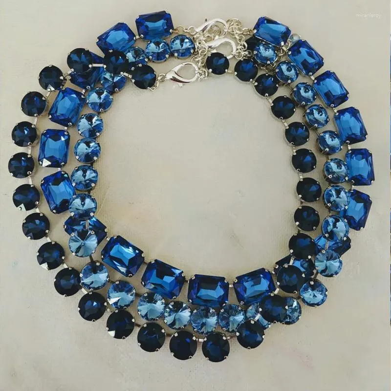 Chains Fashion Luxury Dark Blue Glass Crystals Necklace For Women Vintage Party Jewelry Statement Collar Chokers Aesthetic Gifts