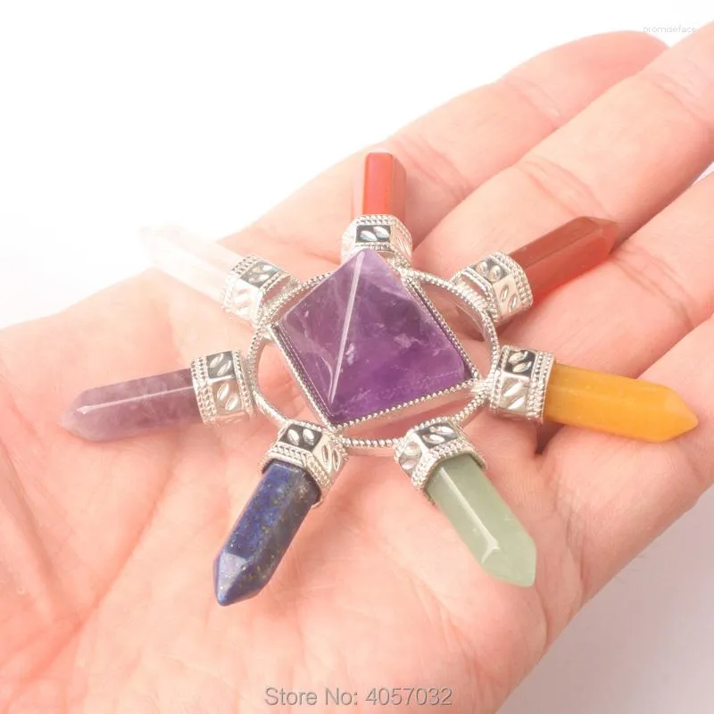 Colliers pendants Stone Crystal Quartz 7 Chakra Hexagon Prism Magic Wand Tower Reiki Pendulum Charmes guérison Amulet 1pc