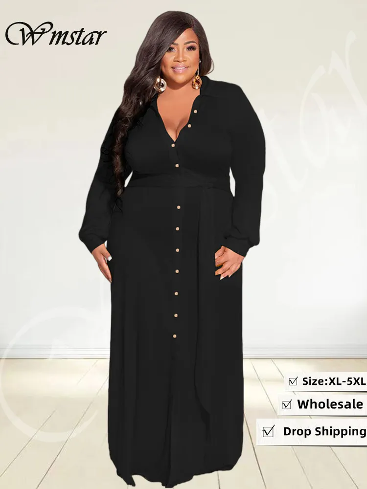 Robes de taille plus wmstar plus taille de robe de tenue de robe d'automne bouton lâche solide long élégant chemises maxi style robe en gros drop 230811