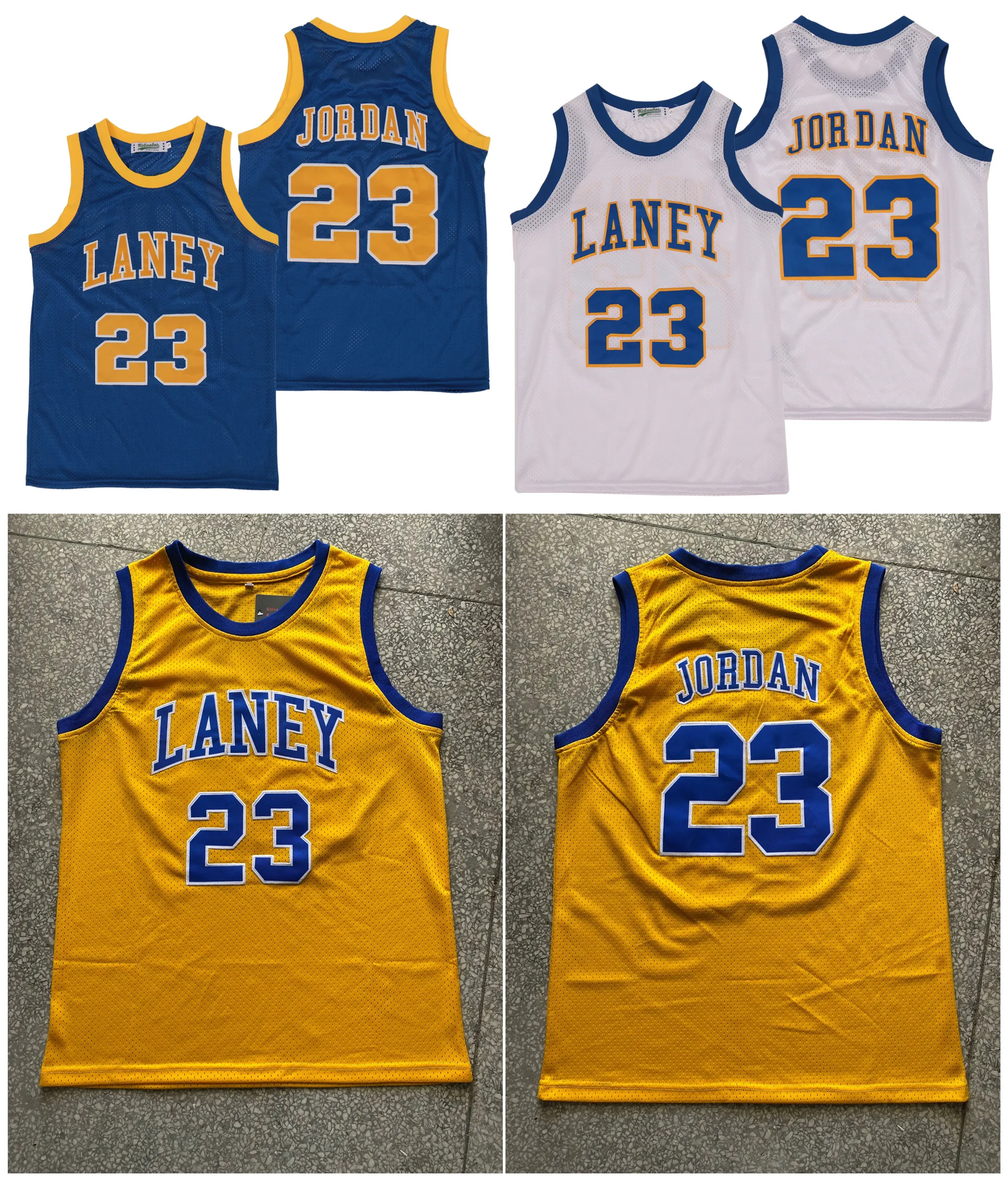 SL 23 Michael Jor Dan Laney High School College Basket Jersey White Blue Yellow Size S-XXL