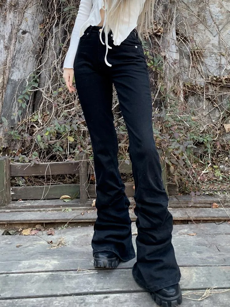 Jeans féminins weiyao pantalon empilé gothique streetwear noir skinny haute taille capris plits denim punk pantalon décontracté