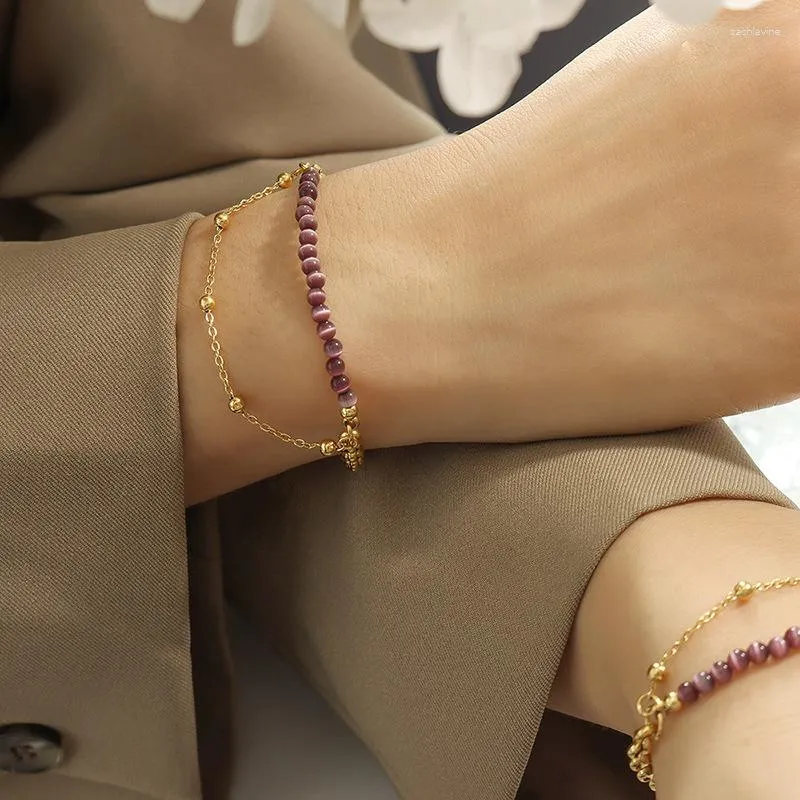 Link Bracelets In Purple Opal Titanium Steel For Women Accessories Gold Plated Fine Jewelry Gift