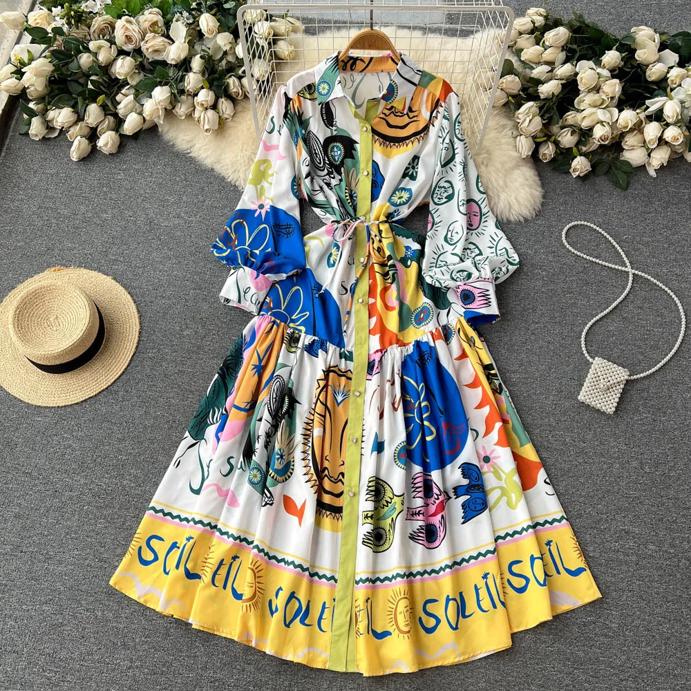 Podstawowe sukienki swobodne 2024 Autumn Bohemian Single Berged Botton Linen Sukienka Damska Kołnierz Lapel Latarn Cartoon Print koronkowy pasek Maxi vestidos