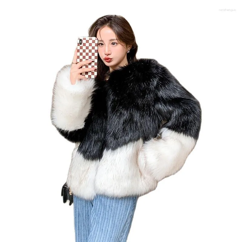 Women's Fur 2023 Winter Warm Faxu Coat Long Sleeves Cardigan Design Loose Black White Contrast Color