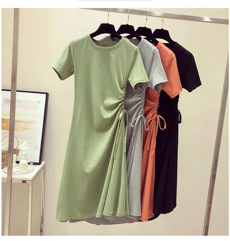 Casual Dresses Female Superior Quality Summer O Neck Drawstring Solid Color Short Sleeve A Line Ladies Frock Drop WYP983