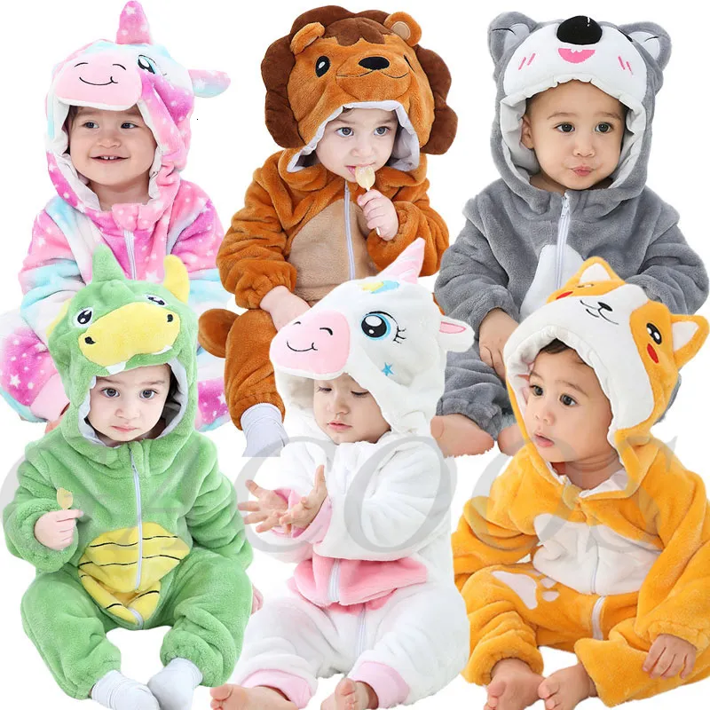 Rompers Baby Cartoon Romper Born Hooded Spädbarnskläder pojkar Pyjamas Animal Onesie Jumpsuit Panda Costumes Flanell Baby Rompers 230812