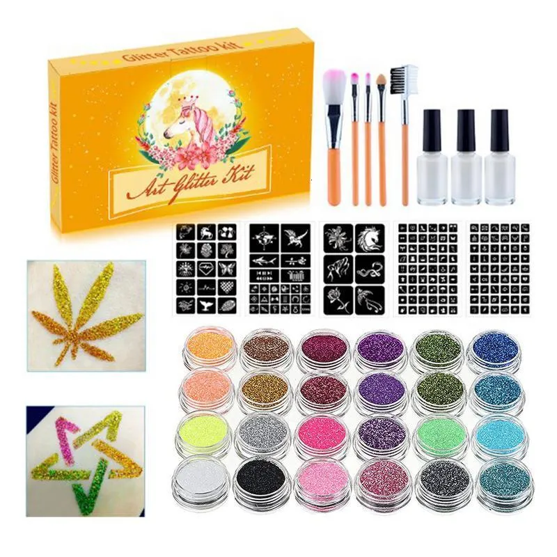 Tattoo machine 24 kleuren tijdelijke glitter tattoo set voor kinderen gezicht body lumineuze stickers met 5 stencils 3 lijm 5 borstels voor verjaardagsfeestje 230811