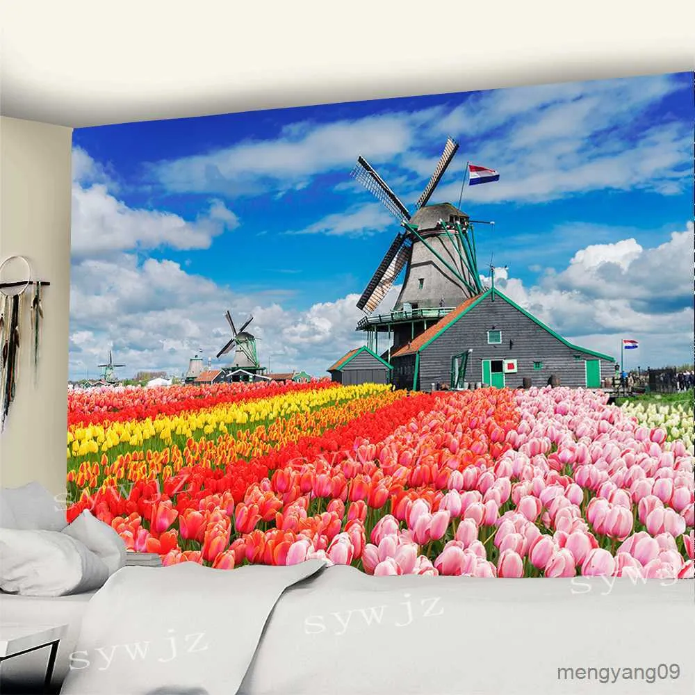 Tapestries Tulip Flower Pattern Tapestry Wall Hanging Garden Tapestry Art Dormitory Home Bedroom Background Wall Decoration Picnic Cloth R230812