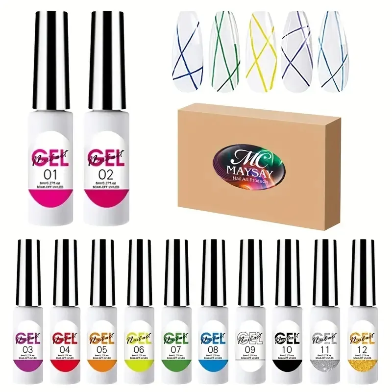 12 colori da 5 ml di gel art Build in ghiottone in una spazzola tagliente sottile per chiodi a strisce dipinti dipinto gel inzuppamento.