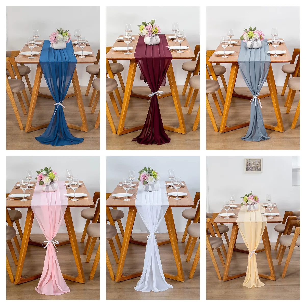 Table Runner 10 stcs/Set 30*300cm Chiffon Table Runner Wedding Sheer Gauze Eetting Table Decoratie Boho Wedding Engagement Party TableCloth 230811