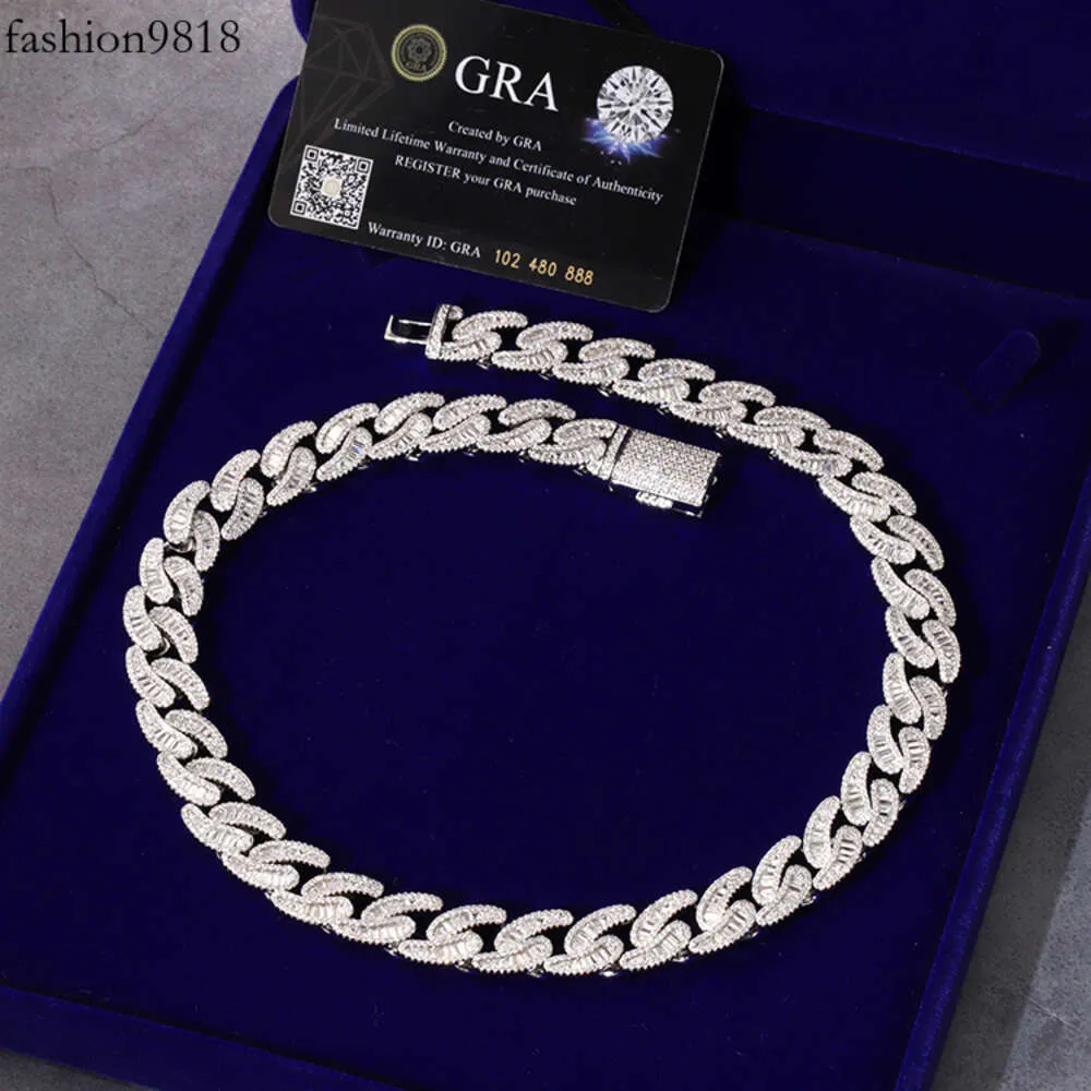 Chaîne sterling sier passe le testeur de diamant Moisanite Baguette Diamond 15 mm de large chaîne de liaison cubaine