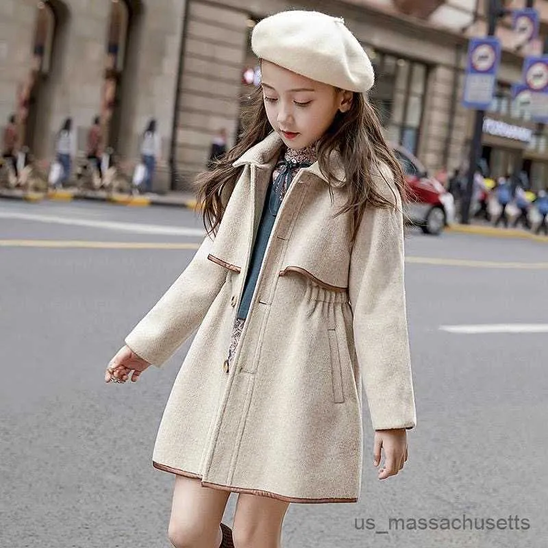 Jacken Winter Beige dicke lange Jacken Little Kindermädchen Mantel Breasted Woll-Mantel-Baumwoll-Trench Jackets Teenager-Mädchenmantel 2-16y R230812