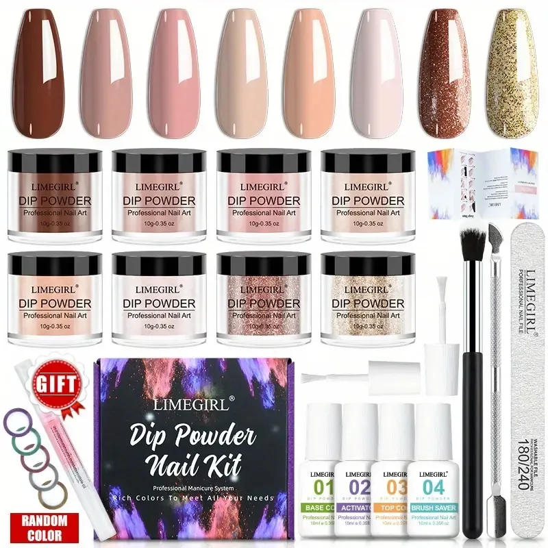 Kit de démarrage à ongles en poudre de trempette, 8 couleurs rose violet bleu acrylique tremper en poudre ensemble liquide essentiel avec couche de finition de base pour ongles français Gift de manucure pour femmes