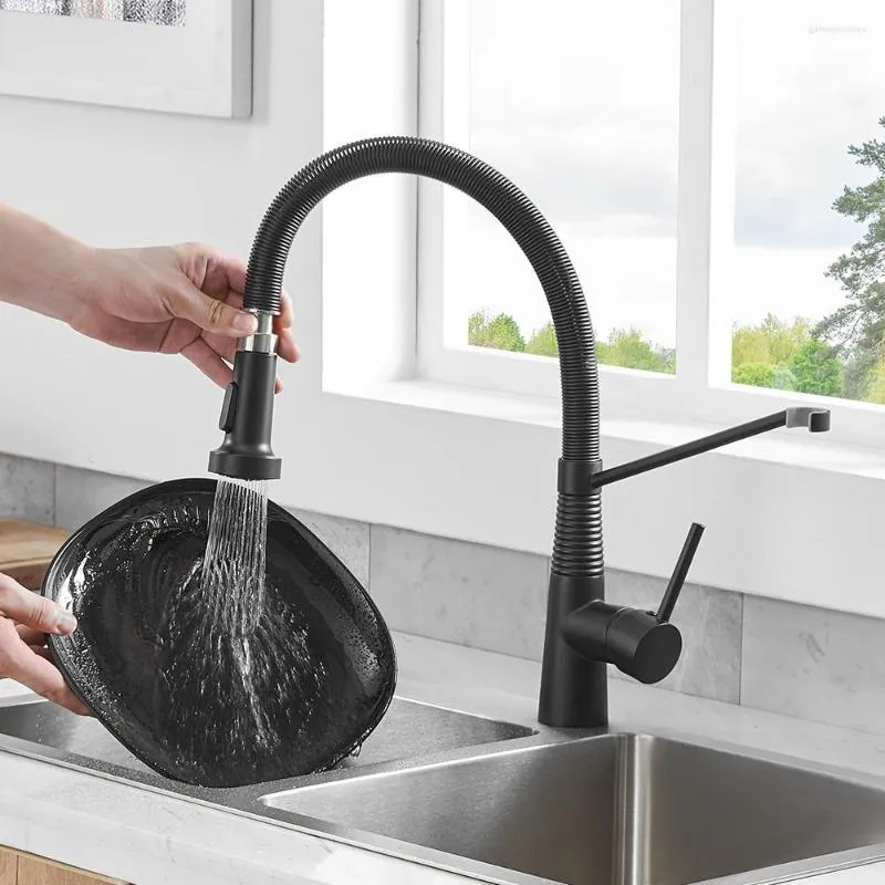 Kitchen Faucets Black Faucet Single Hole Pull Out Spout Sink Stream Sprayer Head Brushed Nickel Mixer Tap 866033