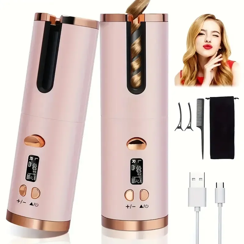 Revolutioneer je haarstyling met deze draagbare, USB-oplaadbare, anti-ware, draadloze automatisch krultang-snelle verwarming, timing 5-niveau temperatuurregeling!