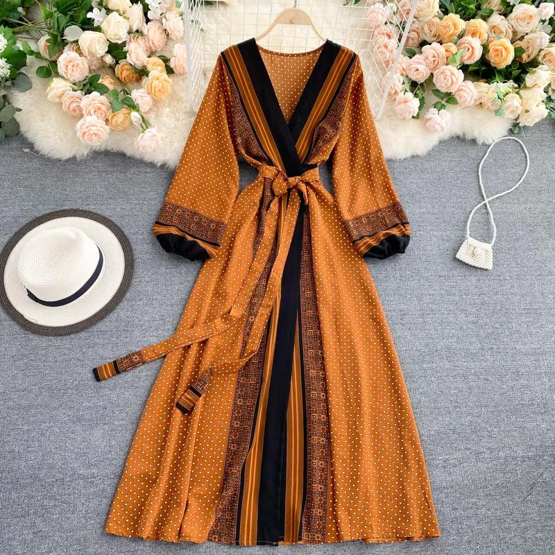 Abiti casual 2023 Spring Autumn Women Women Sexy V-Neck Long Bandage Bandage Slim Dress Abito Elegante Retro Retry Party