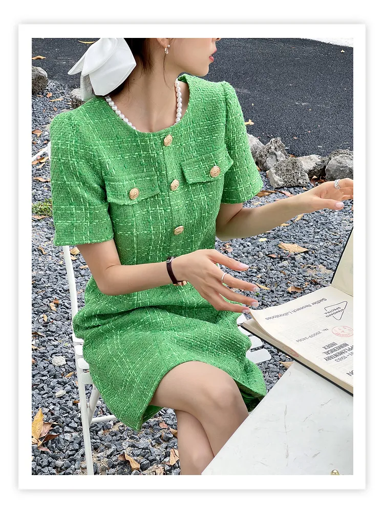 Chic Tweed Mini Dress: French Style, Elegant Green Dress with