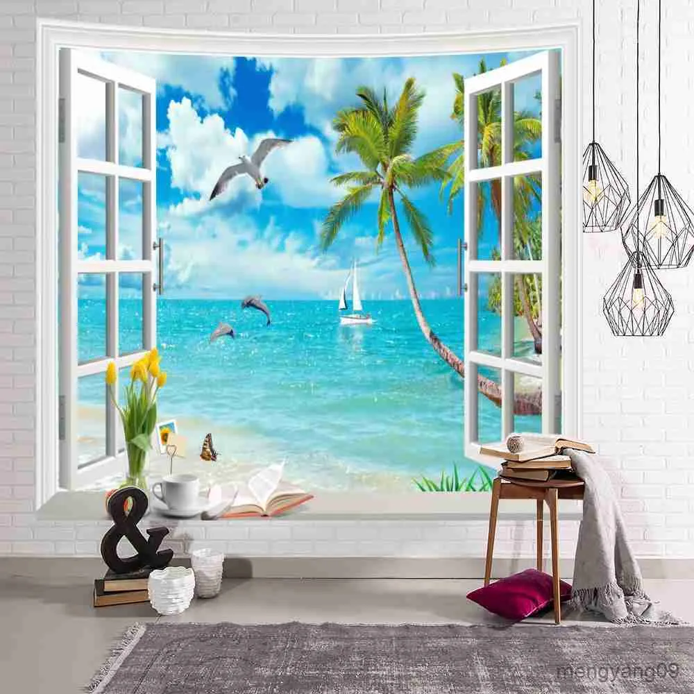 Tapices Landscape Ocean Windows Tapestry Wall Decor Room Tapestry Titing Blanket Decoración del dormitorio del hogar R230812