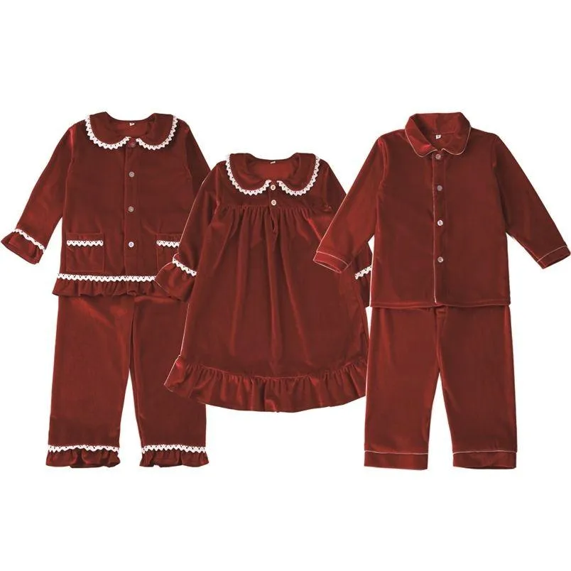 Piżama Xmas PJS Red Veet Button Up Christmas Pikamas Dzieci Dopasowanie pj dziewczyny Pijama zestawy 211109 DROP PERVIVE BABY MATNI DHNFO