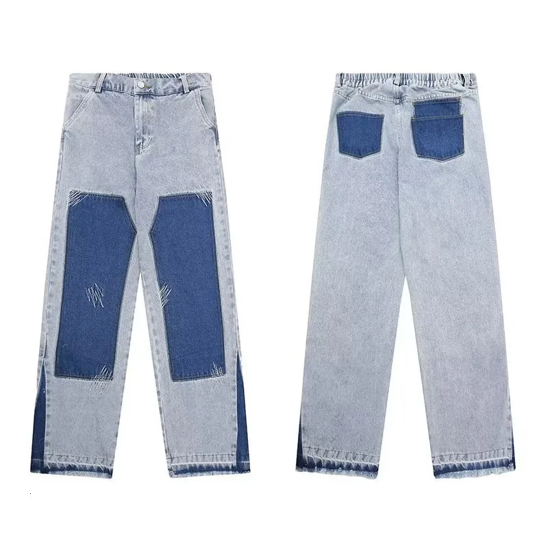 Jeans masculins hommes Baggy Vibe Style Patchwork Blue Washed Denim Tablers 2023 Spring Streetwear Hip Hop Loose Straight Casual Pants 230811