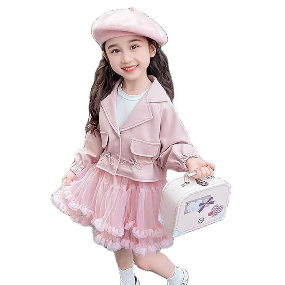 Kleidung Sets Kinder Kleidung Leder Jacke Mesh Kleid Kleidung Für Mädchen Casual Stil Kleidung Für Mädchen Frühling Herbst Kind Kleidung