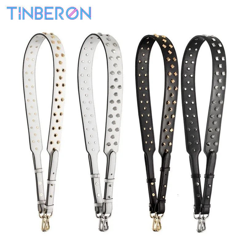 Bag delar Tillbehör Tinberon Bag -rem för äkta läder justerbar bred crossbody strap mode metallnitar väska tillbehör bältes axelband 230811