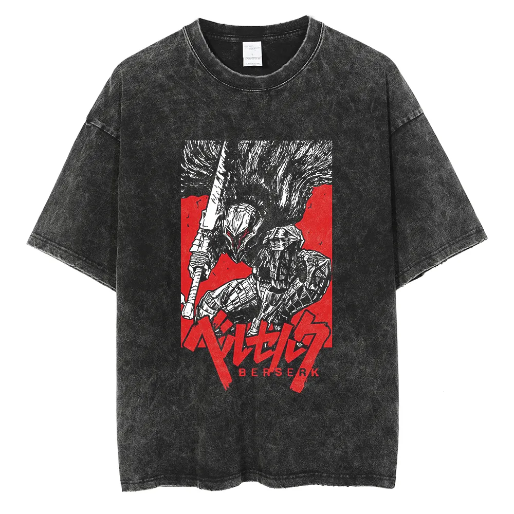 T-shirts masculins Berserk T-shirt Men Anime Tshirt lavé vintage Coton Colaire à manches