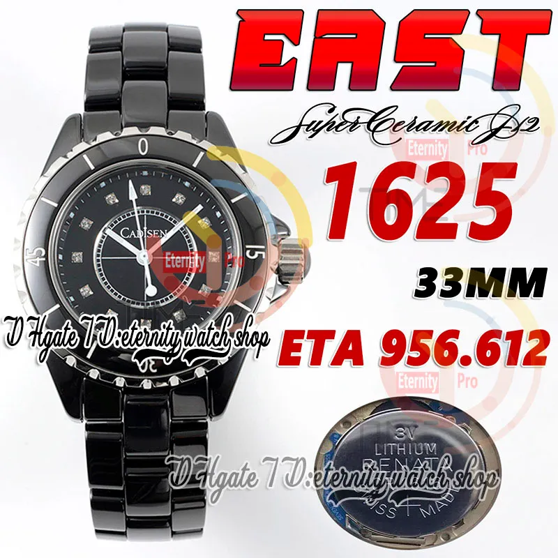 East BV1625 33mm Womens Watch ETA A956.612クォーツムーブメントスーパーブラックセラミックケースブラックダイヤモンドマーカーセラミックブレスレットスーパーバージョン女性ファッションウォッチ