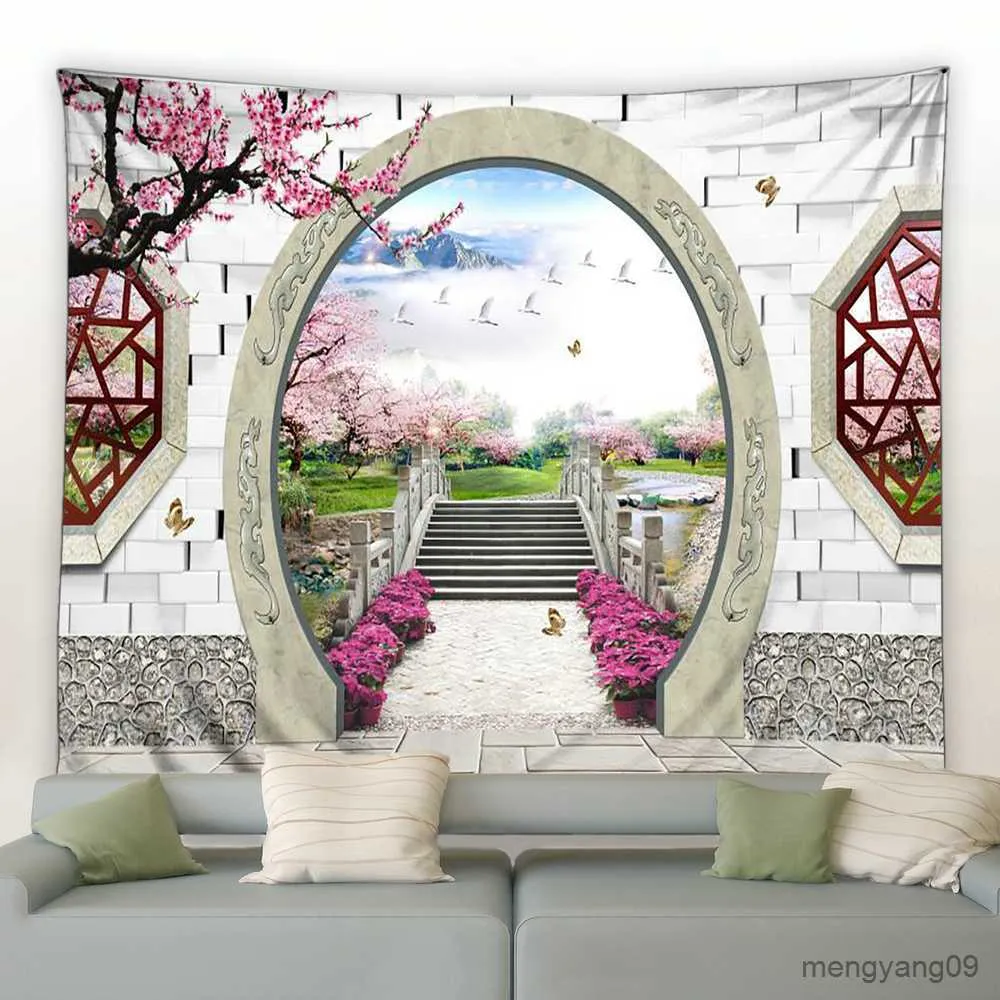 Tapestries Chinese Natural Scenery Tapestry Retro Style 3D Arch Door Green Bamboo Wall Hanging Tapestries Modern Background Decor Blanket R230812