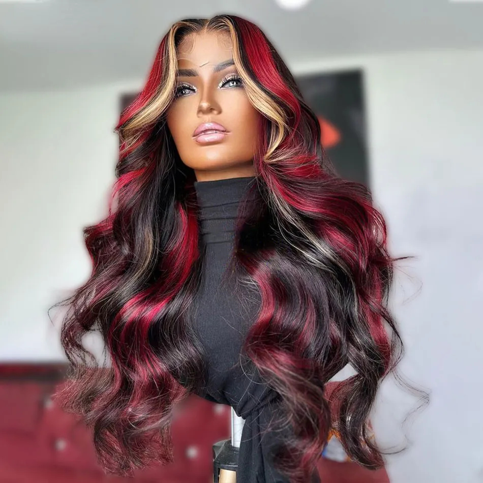 Outros acessórios de moda Brasileiro Cabelo Humano Destaque Peruca Loira Piano Vermelho Colorido Onda Corporal Lace Front Wig 13x4 Sintético Lace Frontal Peruca Natural Ha