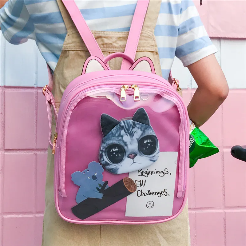 Skolväskor MSMO Lovely Cat Ear Läder Ryggsäckar Candy Color Transparent väska Kvinnor axelväskor skola tonårsflickor reser Bagpack Itabag 230811