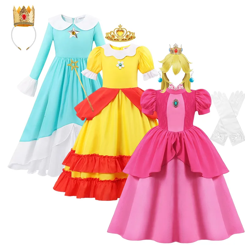 Flickans klänningar Peach Princess Dress for Girl Cosplay Costume Children Stage Performace Outfits Kids Carnival Fancy Birthday Party Clothes 2-10T 230812