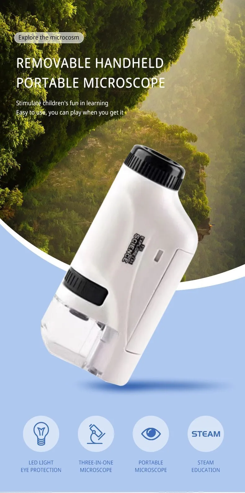 Microscope Enfant Portable Petiscope 120x Avec LED - Jouet Scientifique Pour Filles & Garçons 4-10 Ans