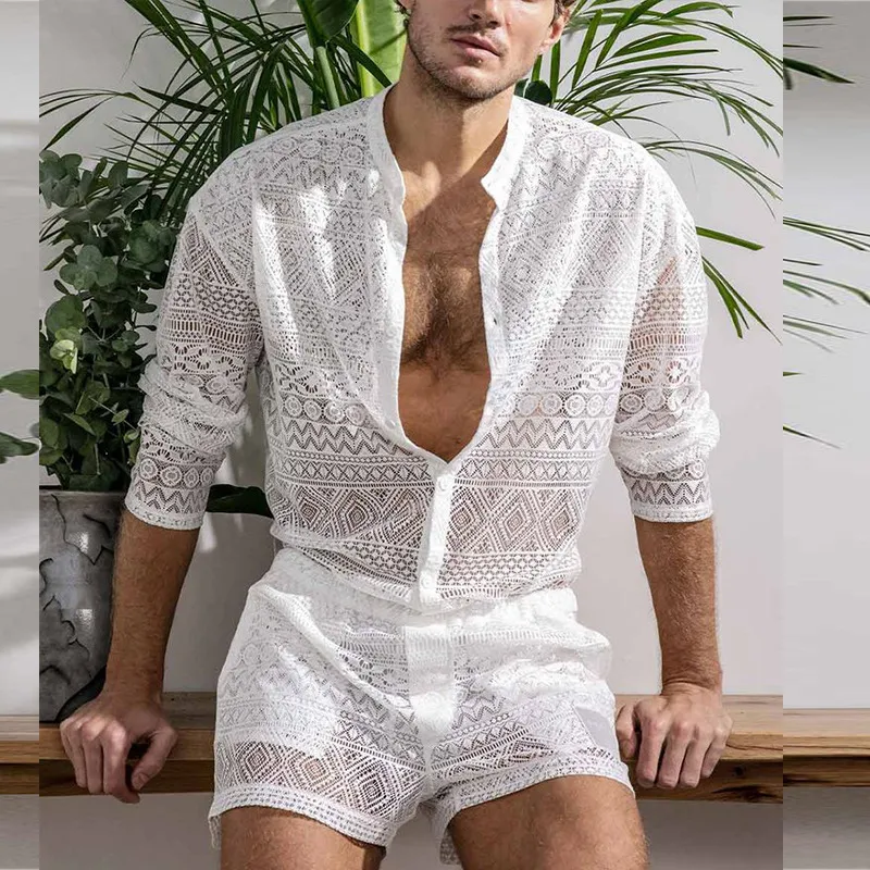 Arriviers pour hommes Arrivoirs Men Set Summer Sexy See Through Lace Optifits Fashion Fashion Long Mancoved Tops and Shorts Mens Two Piece Costumes 230811