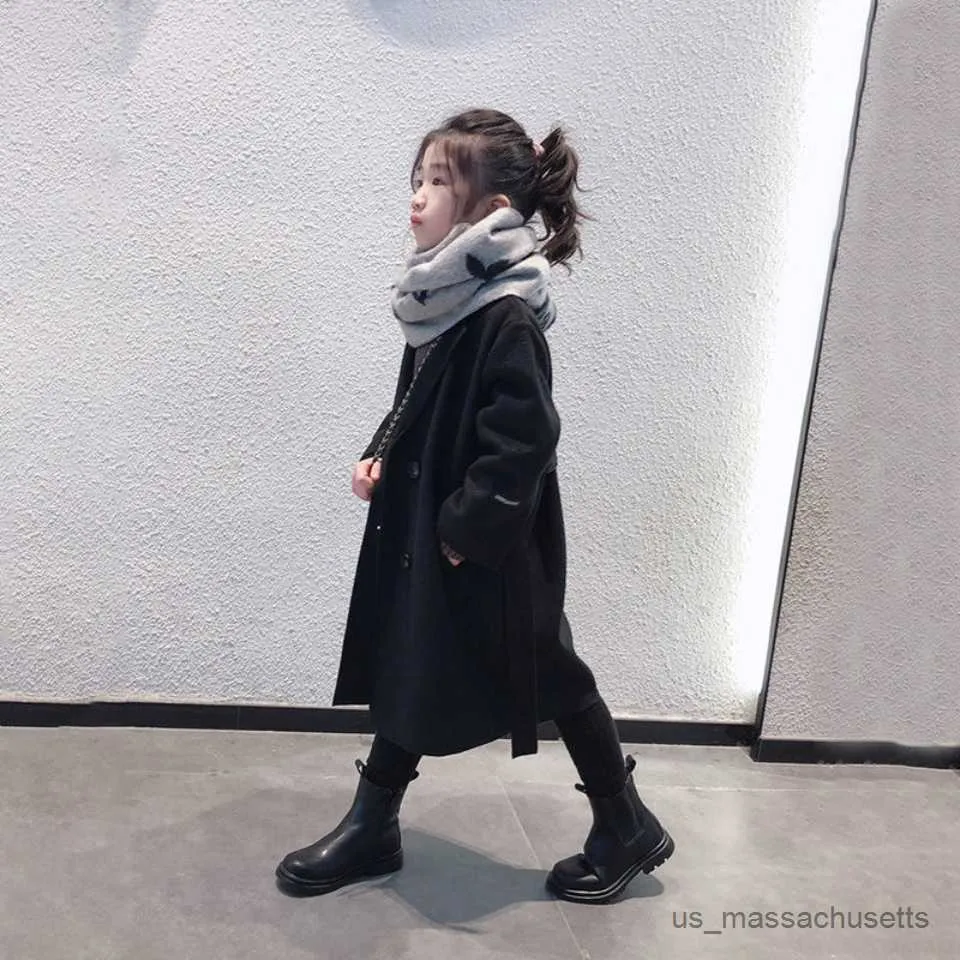 Jackets Baby Girl Wool Blend Warm Long Coat Autumn Winter Kids Lapel Woolen Overcoat Cashmere Outerwear Fit R230812